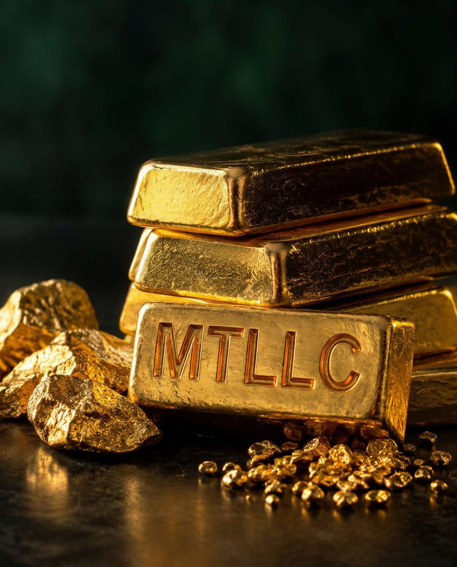 Polished gold bullion bars engraved with MTLLC, with raw gold nuggets